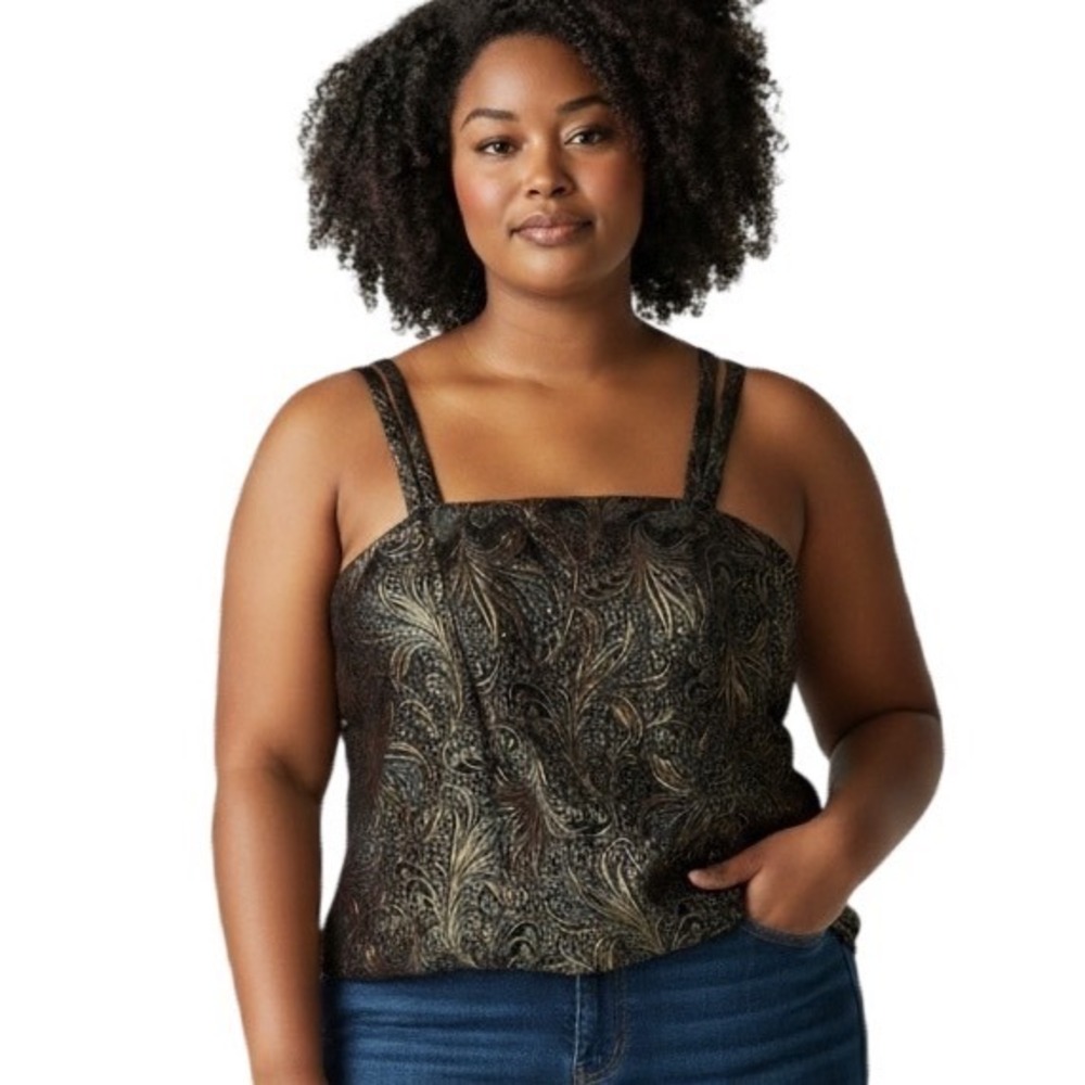 R+M Richards Vintage 90's Camisole Paisley Brocade Metallic Gold Black‎ 14W